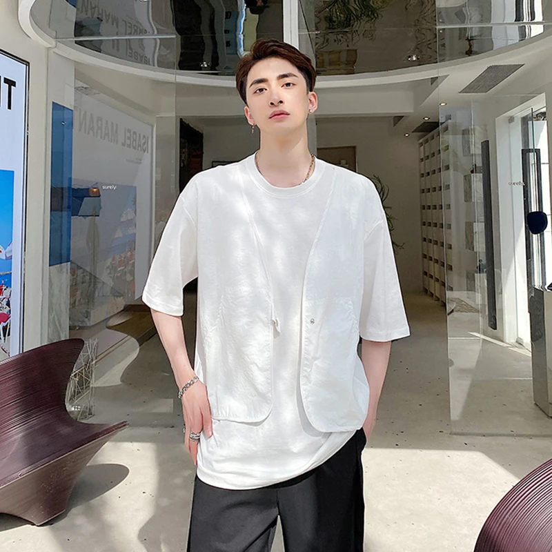 

Two t short sleeve style ins t-shirt men's fashion designer half sleeve loose design stitching fake summer top net red