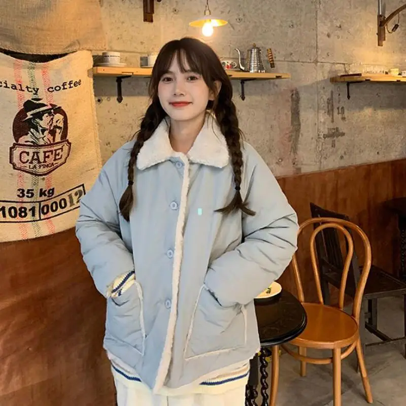 

Jacket Women 2022 Winter Clothes Trend Blue Plus Velvet Thickened Korean Lamb Plush Fur Coat Cute Warmth Woman Streetwear