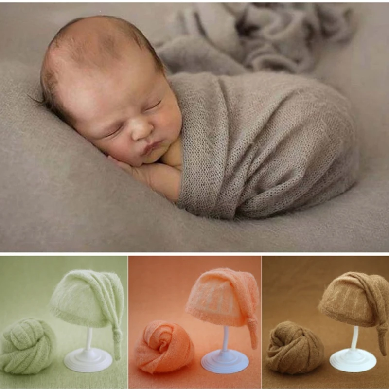 

Newborn Baby Photography Props Soft Mohair Cute Hats Bonnet Knitted Wraps Blanket Studio Shoots Fotografia Photo Props