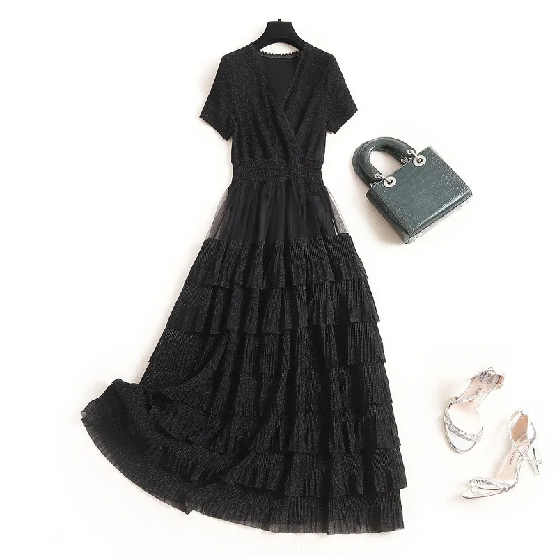 

V 2020 лето Vestidos мода шеи женщин плюс размер с короткими рукавами, вязанный прострочкой черный сетчатый торт оборки Макси длинное платье