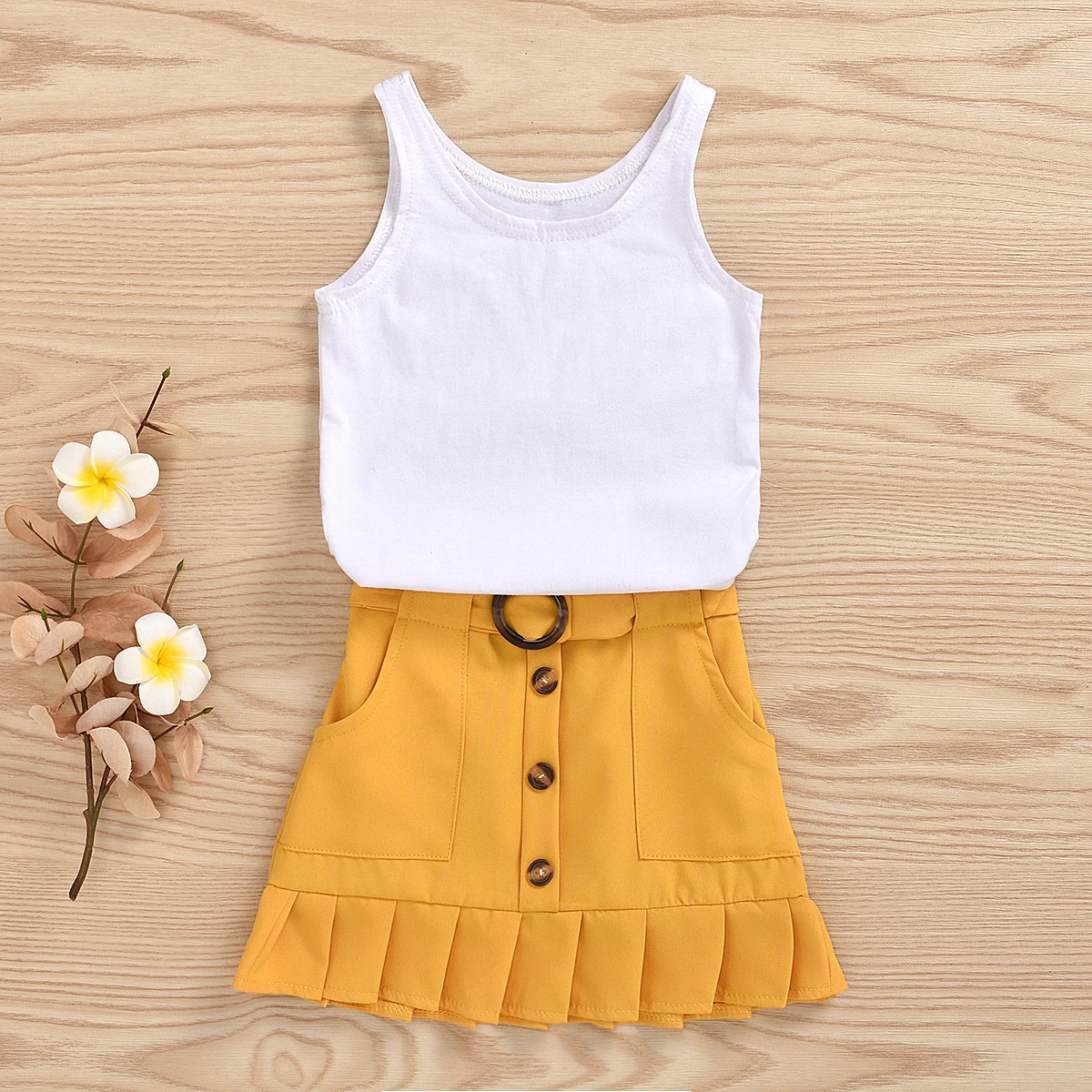 2PCS Toddler Kids Baby Girl Clothes Sets Sleeveless Solid Vest Romper Yellow Pleated Skirt Summer Outfit Set