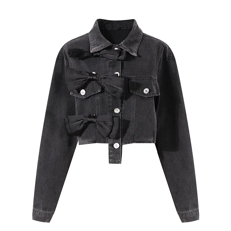 

SuperAen короткая джинсовая куртка Женская Осень 2021 Новый Ретро дизайн трехмерный бант все матч топ
