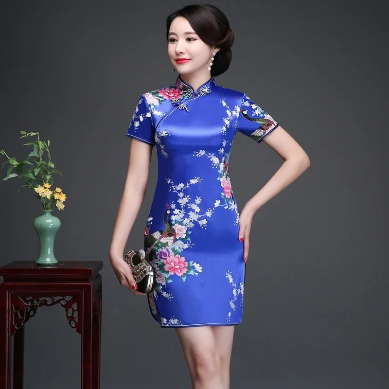 Cheongsam Лето 2020 новый стиль женское джинсовое модное короткое шелковое платье