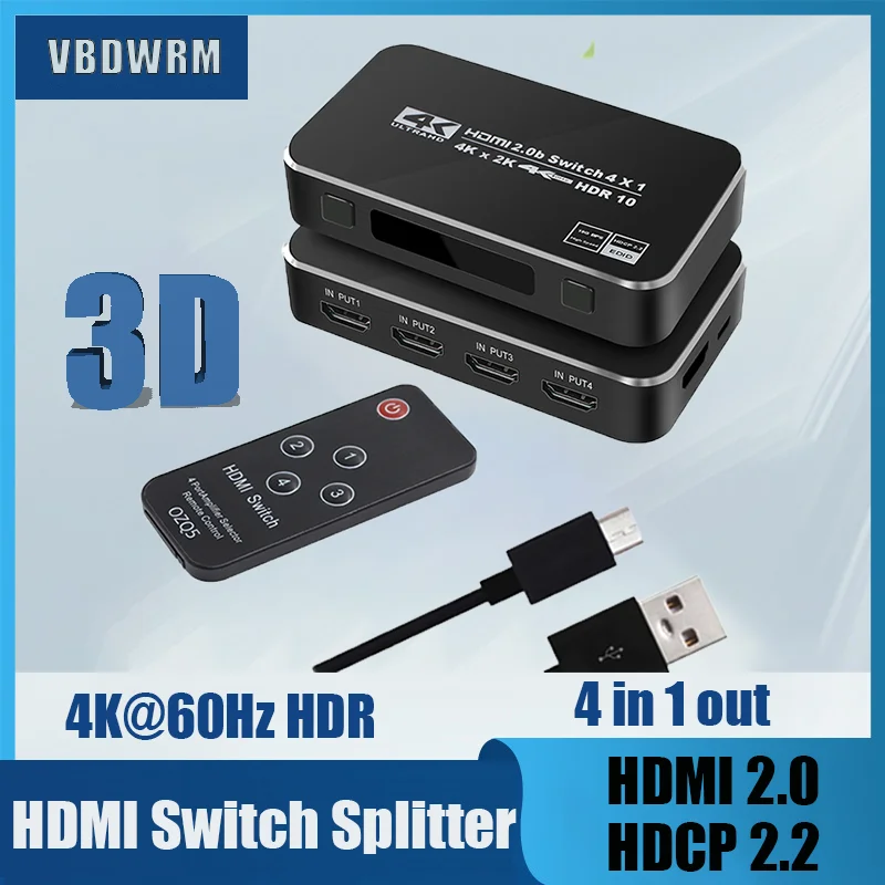

4K HDMI коммутатор 4x1, 4 порта HDMI коммутатор 4 в 1 выход HDMI 2,0 переключатель сплиттер для PS5 PS4 с ИК-пультом дистанционного управления Поддержка пор...