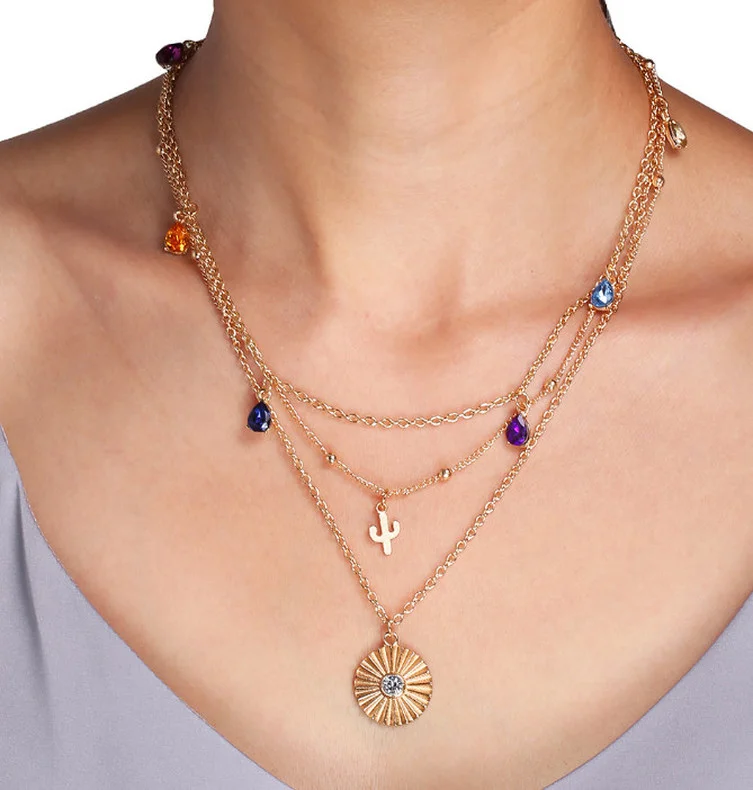 

Personality Cactus Colored Geometry Multilayer Necklace for Women