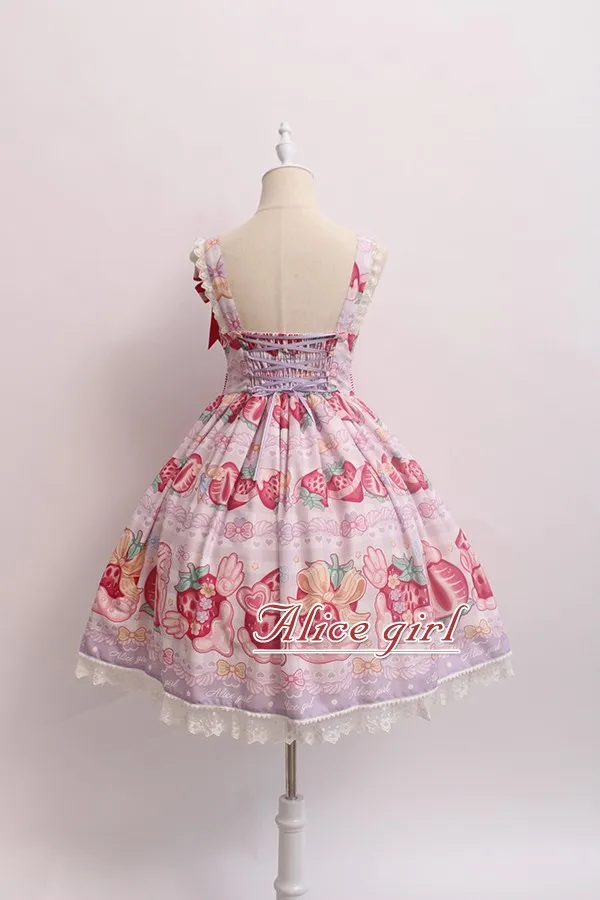 Крем и клубника~ сладкий Лолита печатных JSK платье w. Значок от Alice Girl~ предварительный заказ