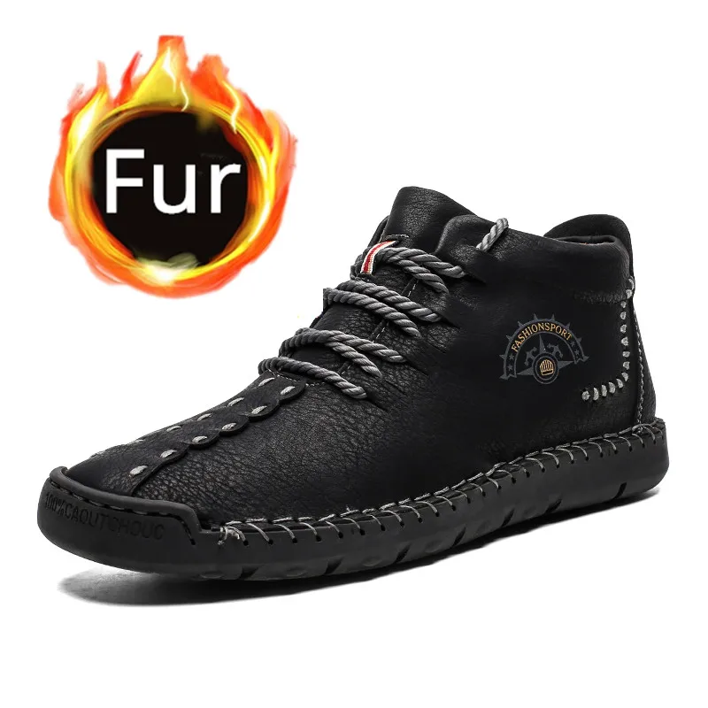 Black Fur Г. Зимние ботинки мужская теплая Повседневная обувь из натуральной кожи Мужская удобная обувь на плоской подошве со шнуровкой мужские походные ботинки большой размер 48 50 - Цвет: Black Fur