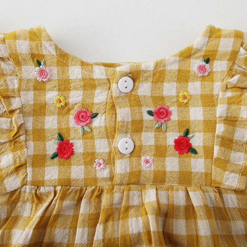 

Baby Girl Korean Rompers Infant Plaid Romper Newborn Flower Embroidery Bodysuit Summer Children Baby First Birthday Outfit
