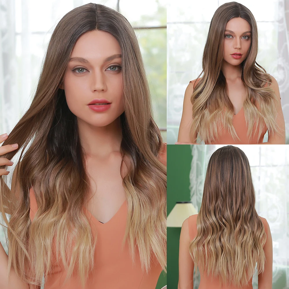 

ALAN EATON Middle Part Synthetic Lace Front Wig Long Wavy Ombre Brown Blonde Wigs For Women Female High Temperature Cosplay Hair