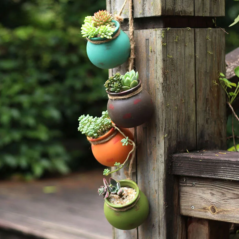 

Wall-mounted Ceramic Flower Pot Hanging Succulent Flower Pot Cactus Bonsai Planters Container Hemp Rope Garden Decoration 4pcs