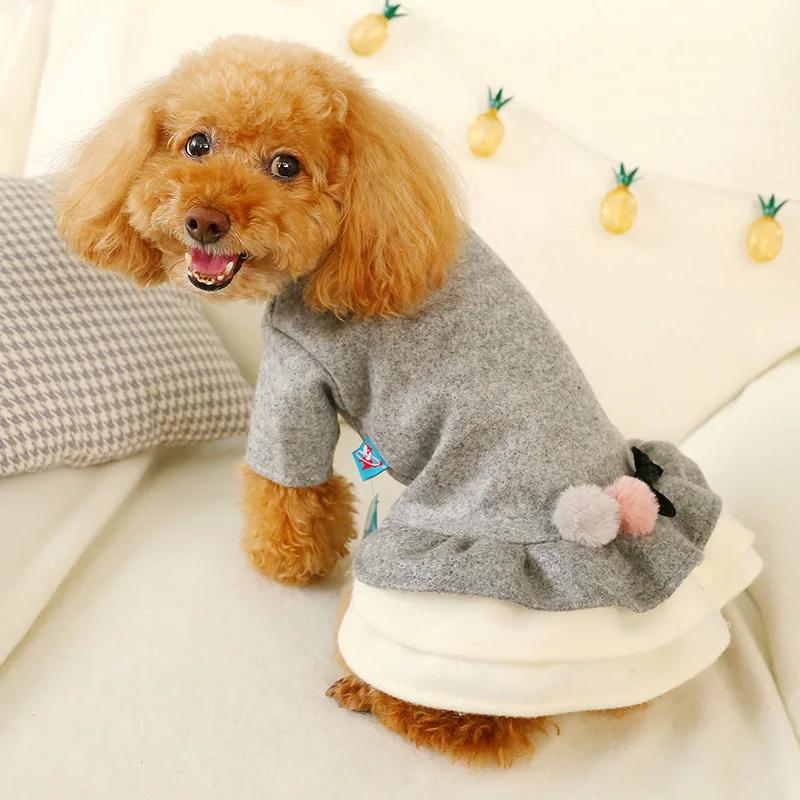 

Pet clothes dog clothes Teddy Bichon Pomeranian small dog autumn and winter clothes dog double ball bow dress