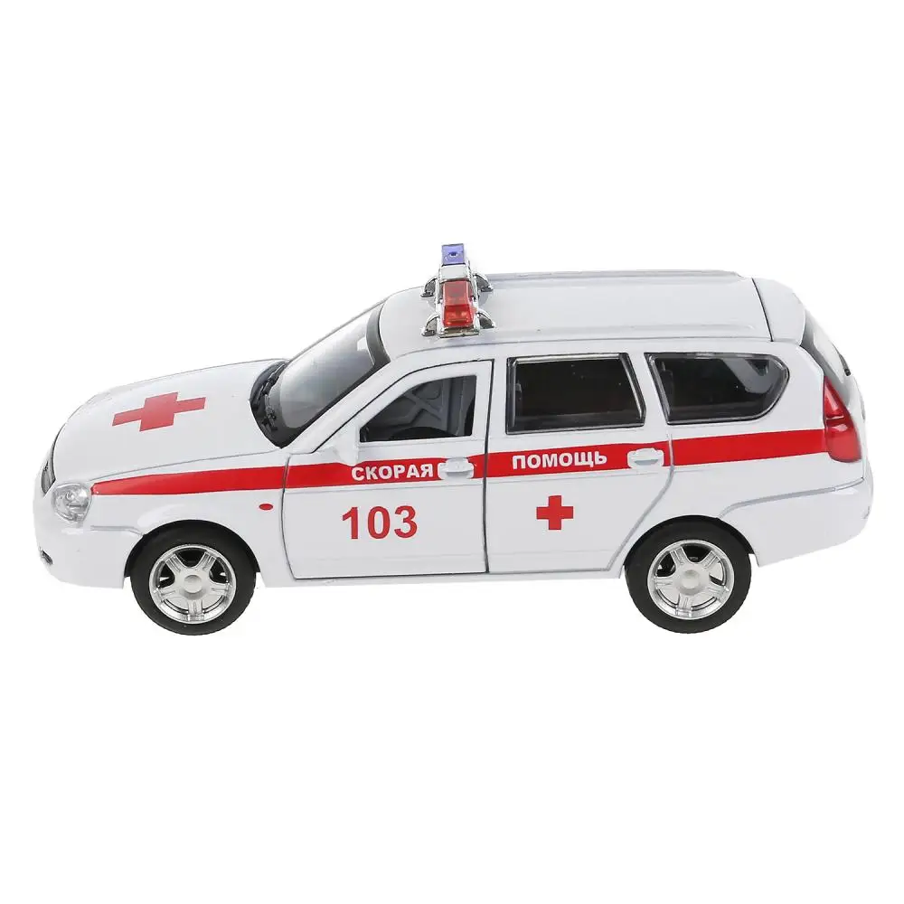 Машинка Технопарк металлическая Lada Priora скорая помощь 12 см, с открывающимися дверями и багажником, белая.