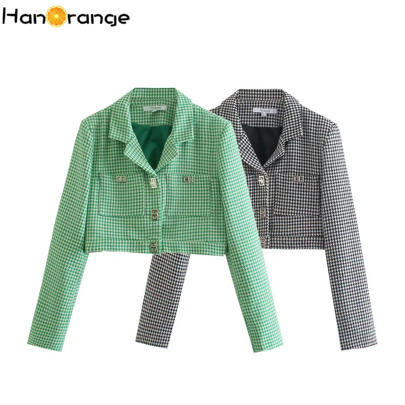 

Женский короткий Блейзер HanOrange, Осенний контрастный блейзер с отворотами