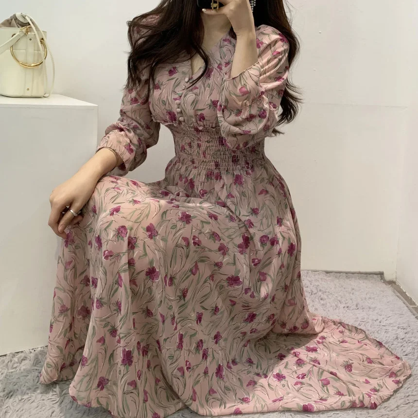 

Женское шифоновое платье с цветочным принтом, элегантное розовое платье макси в Корейском стиле с длинным рукавом и V-образным вырезом, пляж...