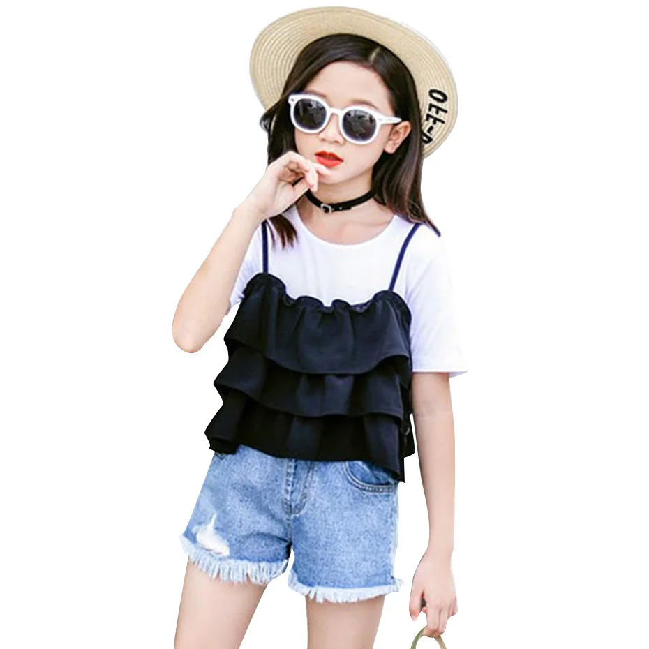 Детский комплект одежды для девочек Однотонная футболка + кружевной жилет летний