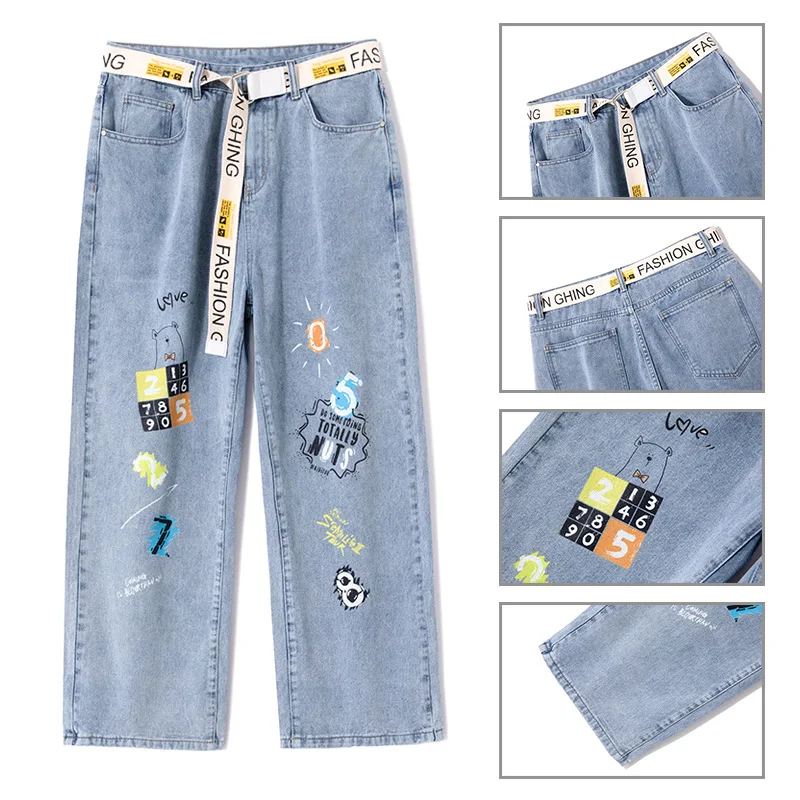 2022 new men's jeans men's loose straight leg men's wear straight leg wash jeans men's fashion print jeans men's wide leg pants