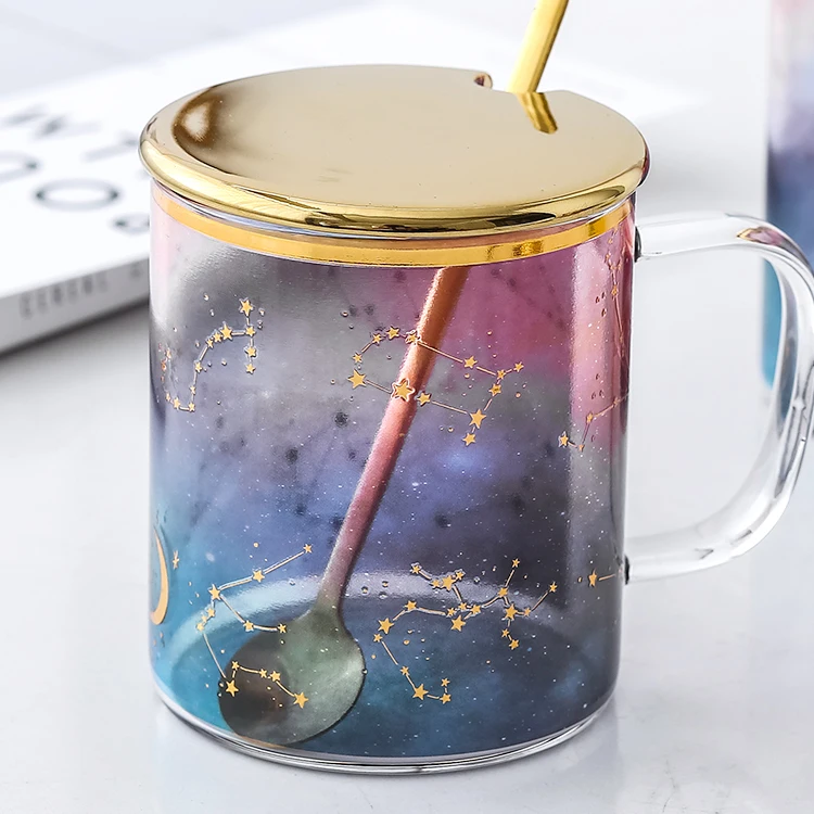 

Change Colour Cartoon Milk Mugs With Spoon & Cover Creativity Glass Mug Student Drinking Cup Starry sky
