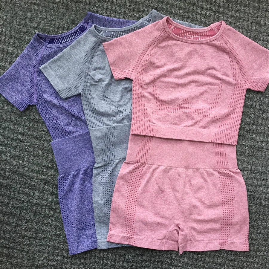 

New Hot Women Yoga Set Short Sleeve Seamless Sport Suit Gym Clothes Fitness Crop Top Shirt High Waist Shorts Sports Wear