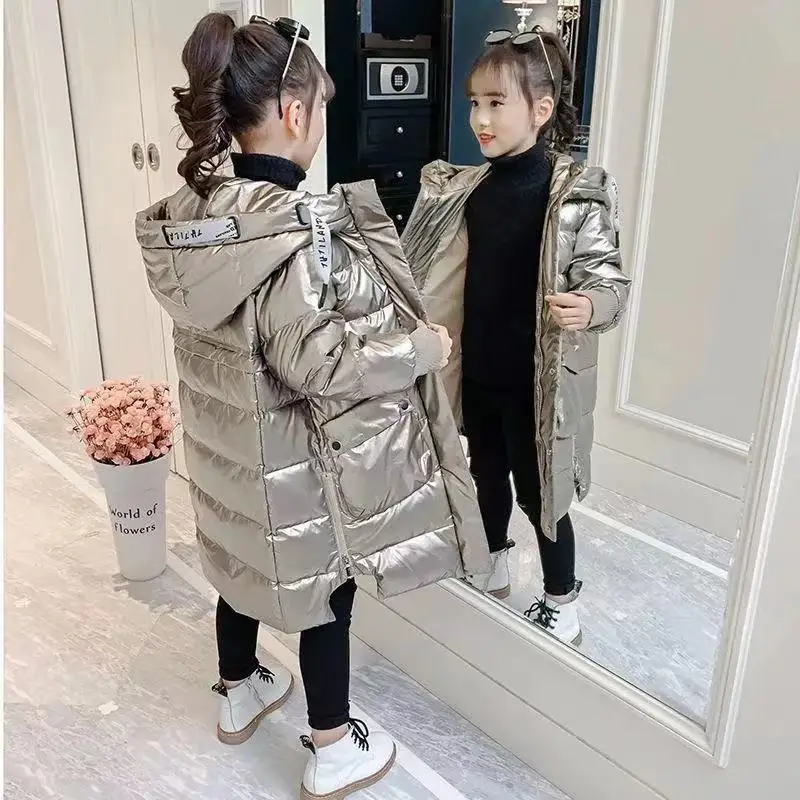 Children Thick Warm Clothes Winter Girls Fashion Trend Long Shiny Wadded Jacket Teenage Casual Hooded Coat Kids Solid Color Tops