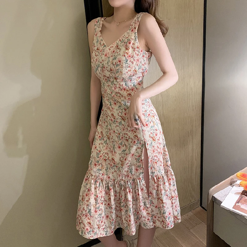 

Женское летнее платье без рукавов с цветочным рисунком Сплит Платье С v-образной горловиной, фея платье на бретелях с оборками, гетры с рисун...