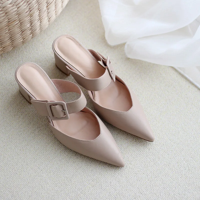 

2021 New Women Sandals Pointed Toe Shallow Thick High Heels Mules Genuine Leather Buckle Strap Sandals Ladies Shoes