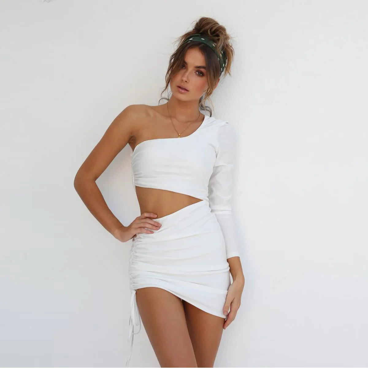 

Summer new women's sexy hollow out bandage hip skirt one shoulder long sleeve dress 5 colors