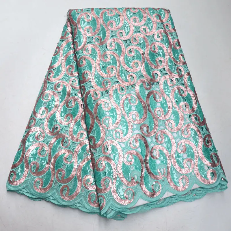 

New fashion Peach Organza Lace Fabric handcut Lace 5 Yards High Quality African Sequins Lace For Women clothes mv530