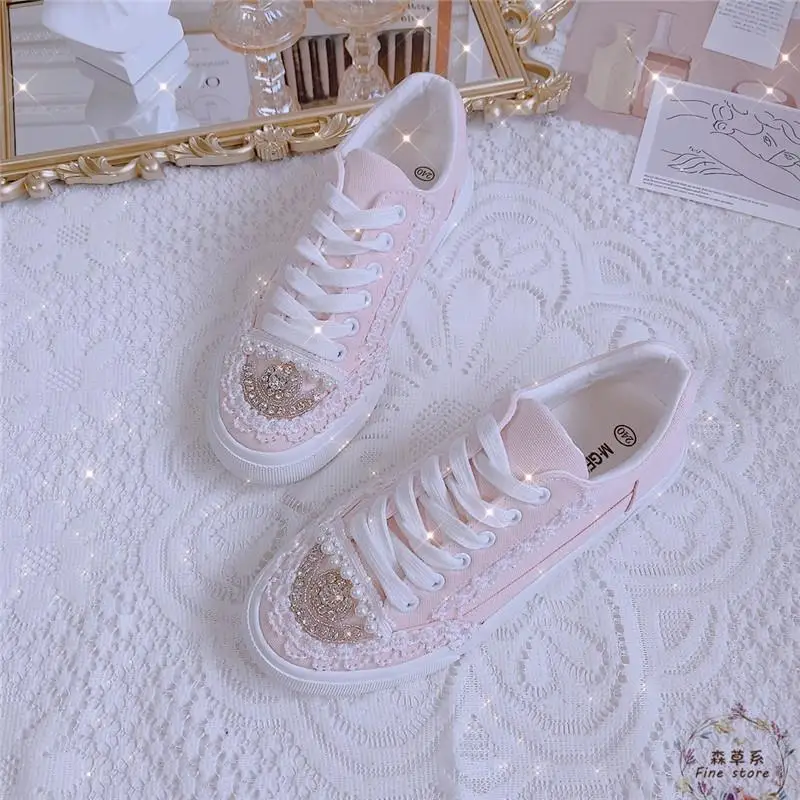 

Дизайнерские женские розовые парусиновые кроссовки в стиле "Лолита", блестящие кружевные туфли, низкие кроссовки на толстом каблуке, повсед...