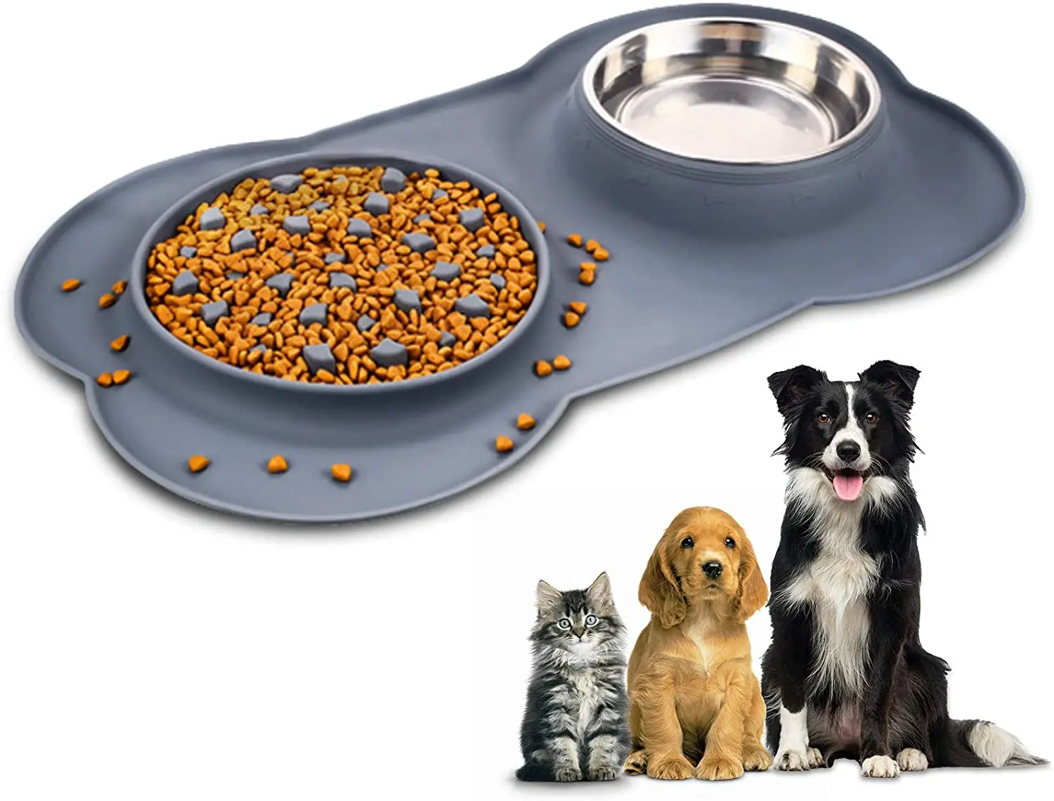 

Двойная собачья миска для домашних животных с силиконовым ковриком из нержавеющей стали прочная без проливания миска для кормления домашн...