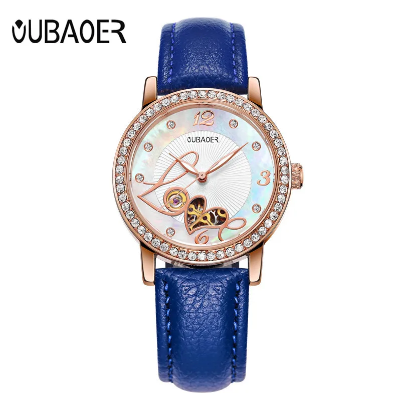 Relogio feminino, OUBAOER, автоматические механические часы для женщин, модные, стразы, полый дизайн, часы с кожаным ремешком, водонепроницаемые часы