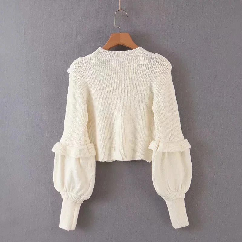 Winter ruffles knitted sweater women pullovers casual long sleeve white chic crop sweaters tops | Женская одежда
