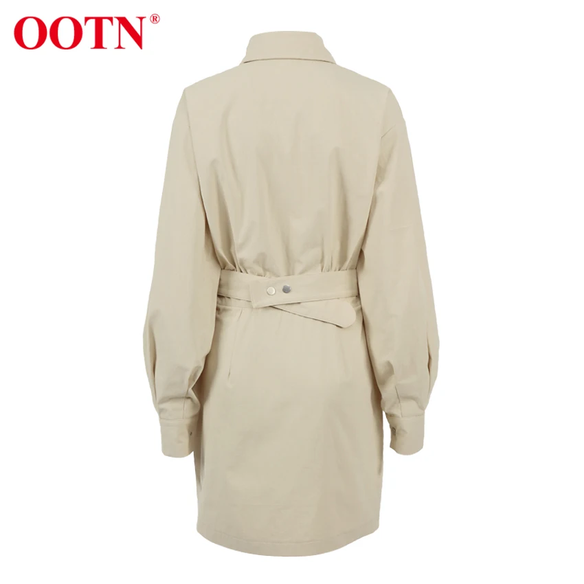 

OOTN Blue Office Work Shirt Dress Female Lantern Sleeve Casual Ladies Khaki Pocket Sashes Elegant Women Short Dresses Cotton