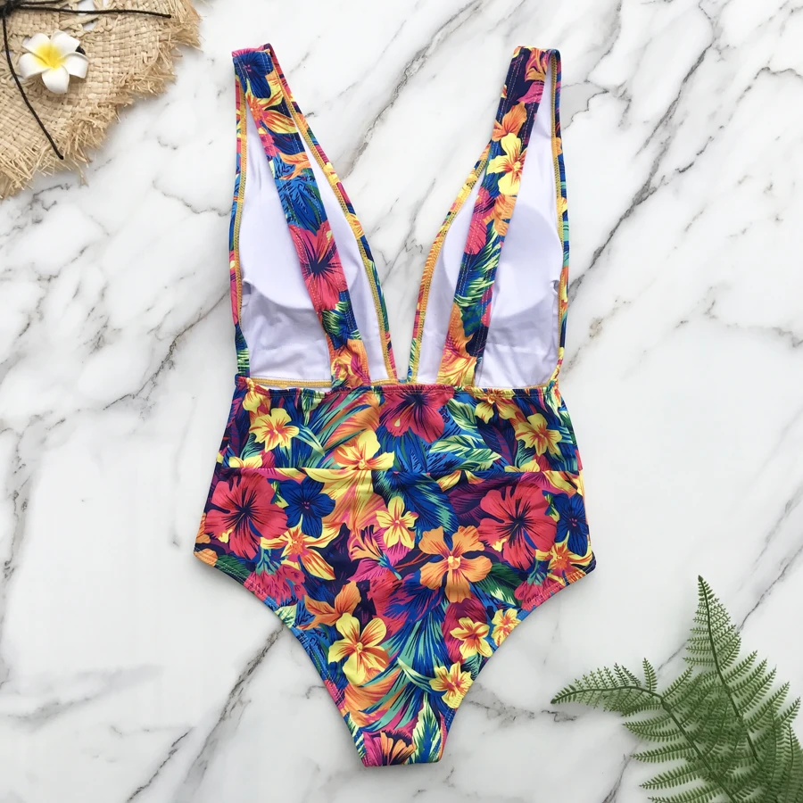 ZMTREE Sexy V-neck Swimwear Floral Printed Solid Women One Piece Swimsuit High Leg Cut Bodysuit Monokini Push Up Beachwear 2020 |