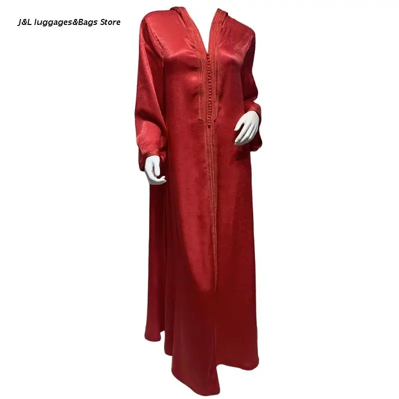 

M68C Dubai Arabic Muslim Maxi Dress Women Long Sleeve Velvet Hooded Robe Embroidery Trim Moroccan Kaftan Islamic Clothing Solid