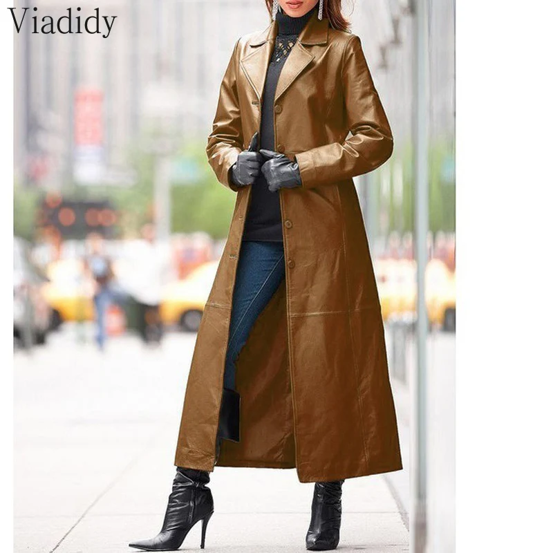 

Leather Trench Coat Women Turn-down Collar Plus Size Outerwear Faux Leather Long Jackets Coat