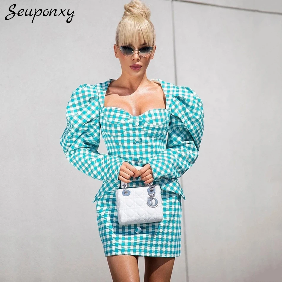 High-quality Plaid Green Single-breasted Bodycon Dress Fall 2021 New Sexy V-neck Puff Sleeve Pocket Club Party Dress Vestidos