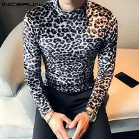 incerun 2021 fashion men t shirt turtleneck leopard print long sleeve undershirts streetwear autumn casual men clothing s 5xl