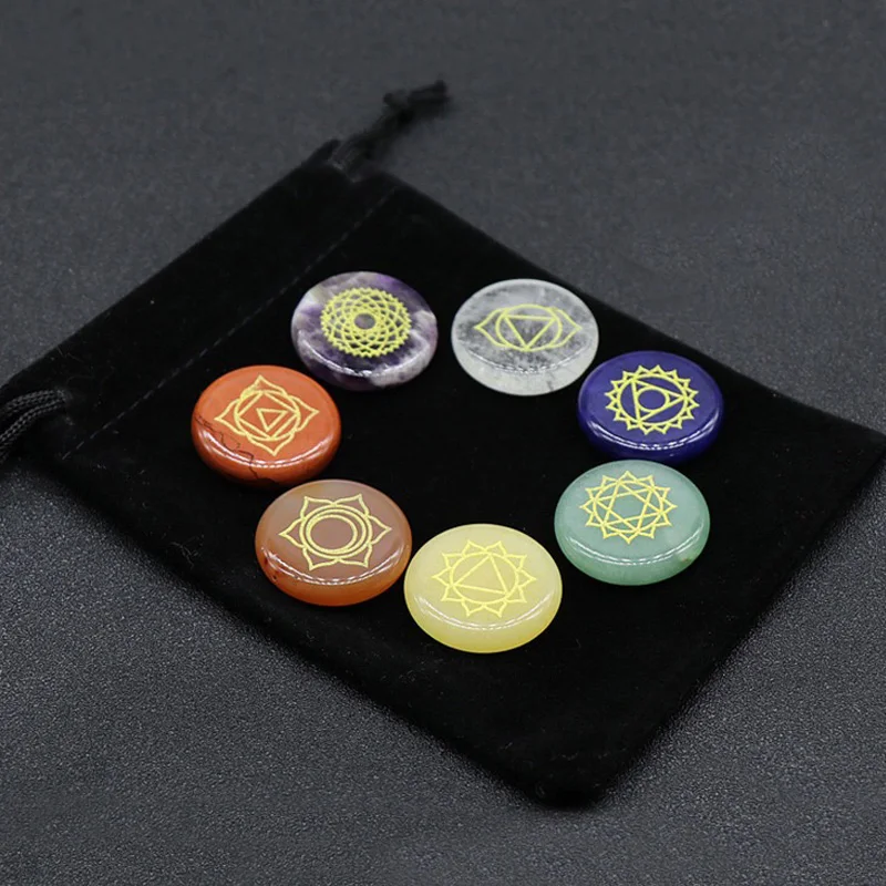 

Natural stone Seven Chakra Energy carved circle pendants 7pcs Reiki Stone for Healing Meditation home decoration