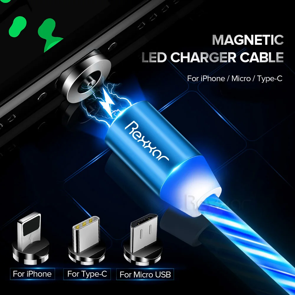 Rexxar Магнитный кабель type C Micro USB светодиодный магнитный usb-кабель для зарядки для Apple IPhone X 7 8 6 Xs Max XR samsung s9 Xiaomi шнур