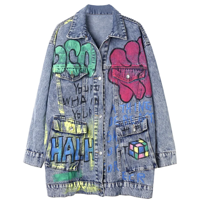 

Large size fashion washed denim jacket women 2020 new autumn high street design sense personality graffiti jacket jacket