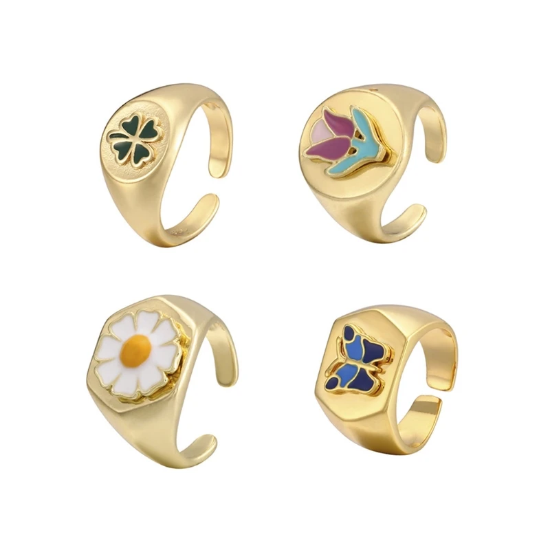 

Golden Dripping Oil Daisy Butterfly Ring for Women Mini Cute Rings Adjustable Open Cuff Party Wedding Jewelry
