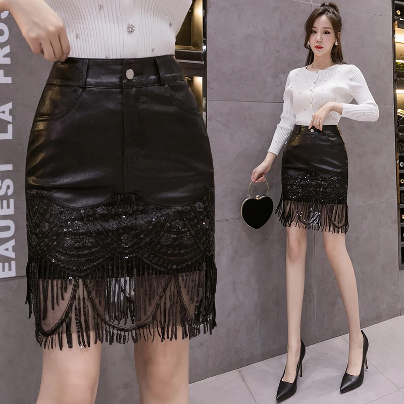 

Женская мини-юбка, осенне-зимняя кружевная юбка из искусственной кожи с блестками и вышивкой, Женская Сексуальная короткая юбка-карандаш дл...