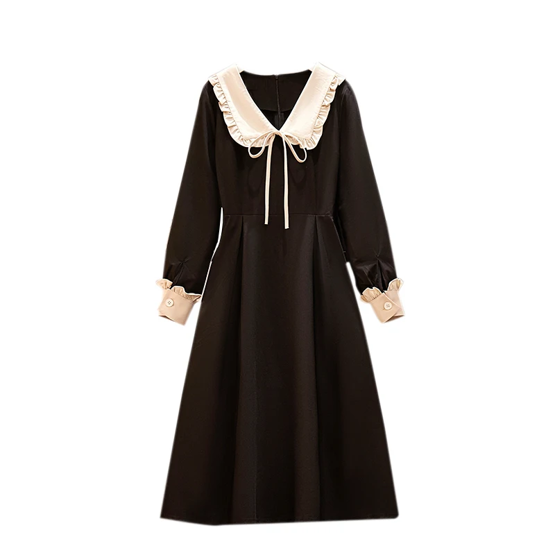 

Plus Size 4XL Women's Vintage Bowknot Dress 2021 New Spring Fall New Fashion Slim Long Sleeve Dress Black Female A-line dress