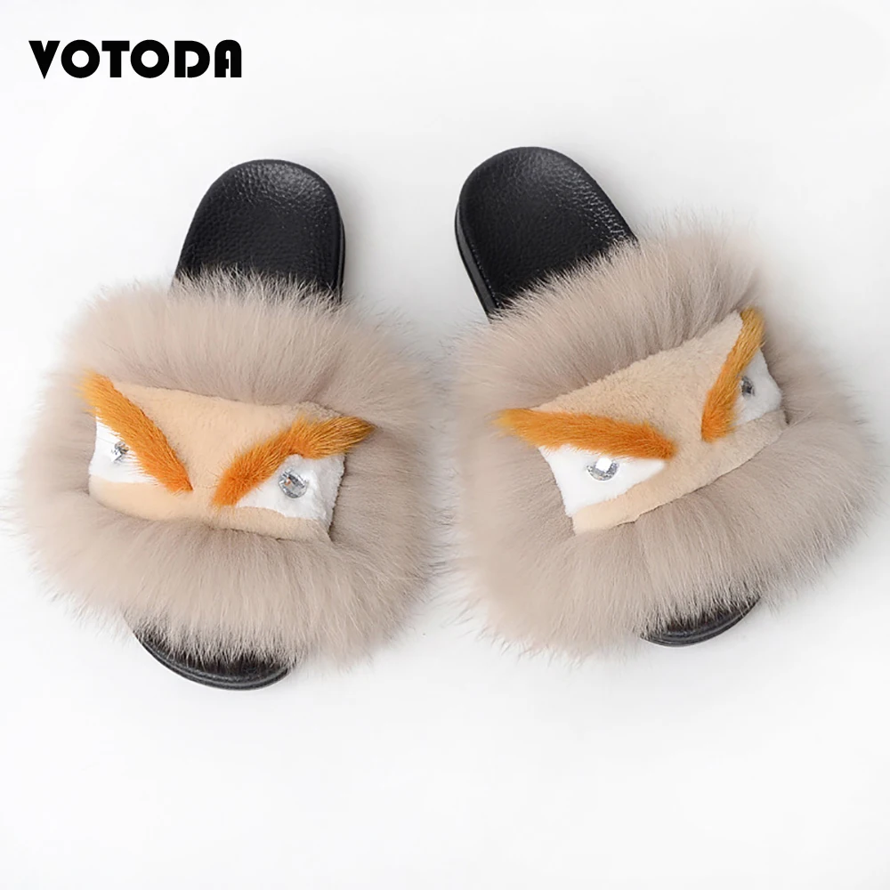 

Summer Women Fur Slippers Fluffy Real Fox Fur Sandals Cute Animal Pattern Plush Flip Flops Flat Outdoor Casual Soft Woman Shoes