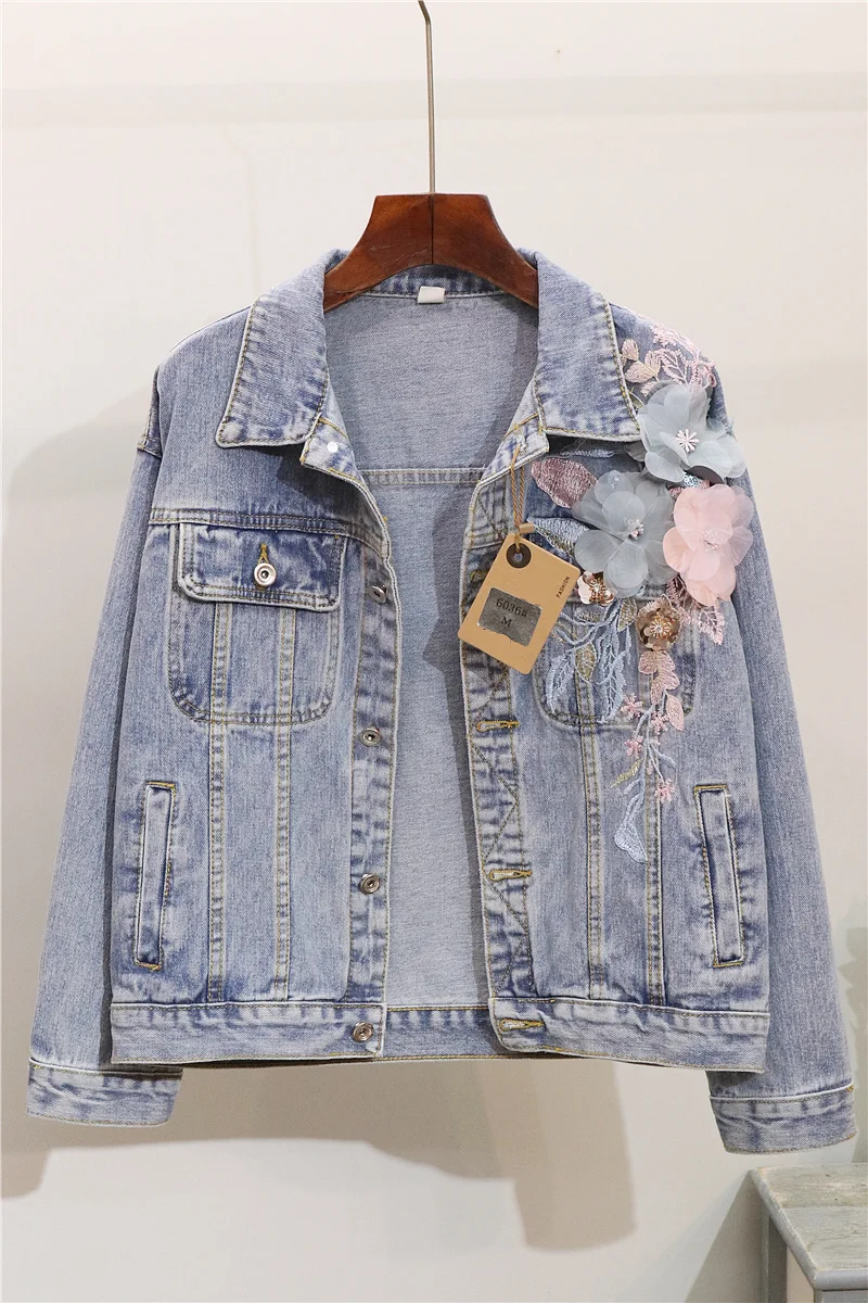 

Autumn 2019 Blue Denim Jacket Women Long Sleeve Flower Embroidery Denim Jacket Outerwear Streetwear Single-breasted Jacket