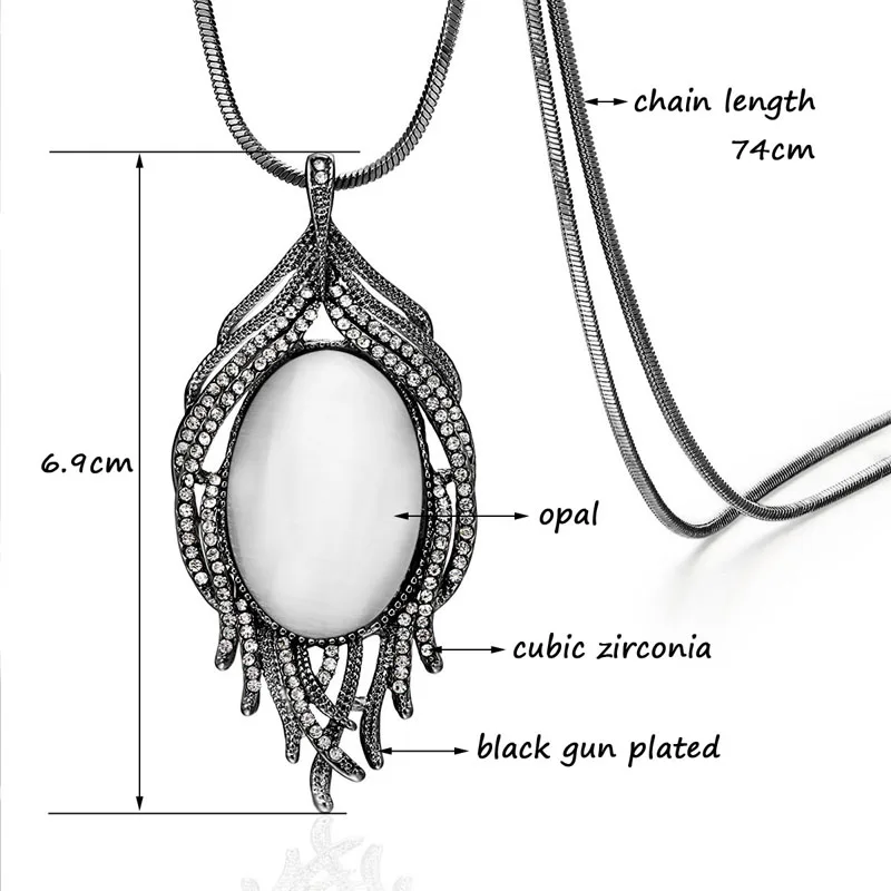 

SINLEERY Women Vintage Oval Opal Pendant Necklace With Dazzling Cubic zirconia 2 Color Statement Long Chain MY071 SSF