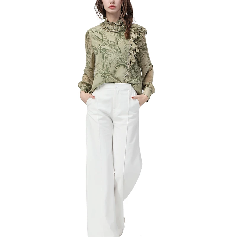 

2020 Fashion Printed Women Chiffon Blouse Loose Plus size Luxury Pearls Button Long Sleeve Ruffled Neck Top Office Casual Blouse