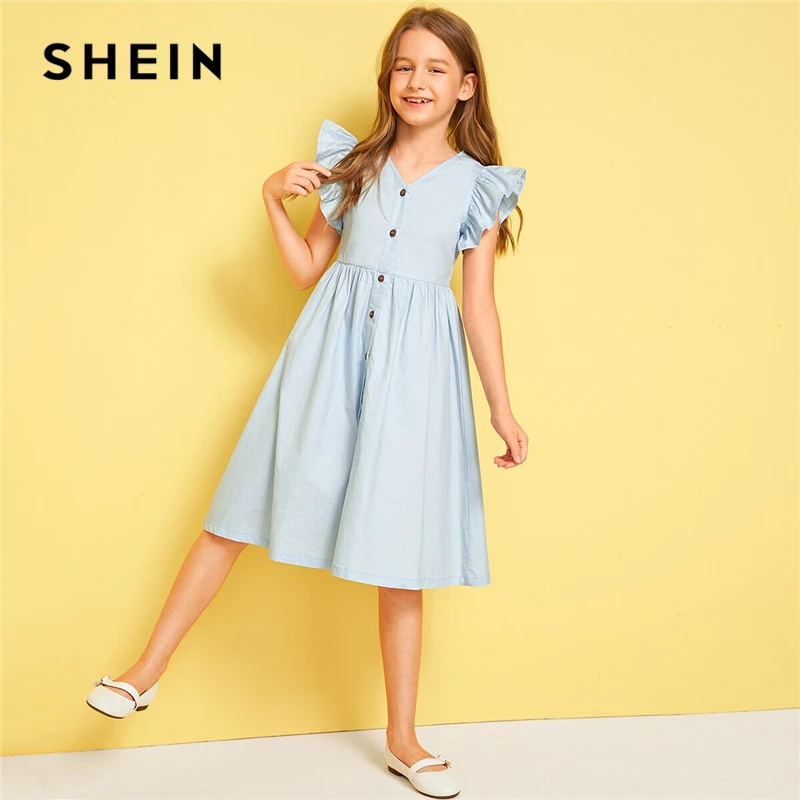 SHEIN/милое однотонное платье с v-образным вырезом и рюшами на пуговицах спереди для девочек-подростков; коллекция года; летние платья до колена с рукавами-крылышками