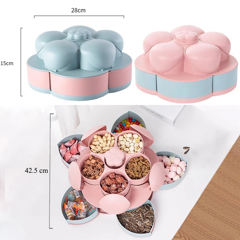 

Petal Shape Rotating Candy Box Double Layer Snack Nut Tray Food Storage Box Wedding Candy Plates Nuts Dried Fruit Organizer Case