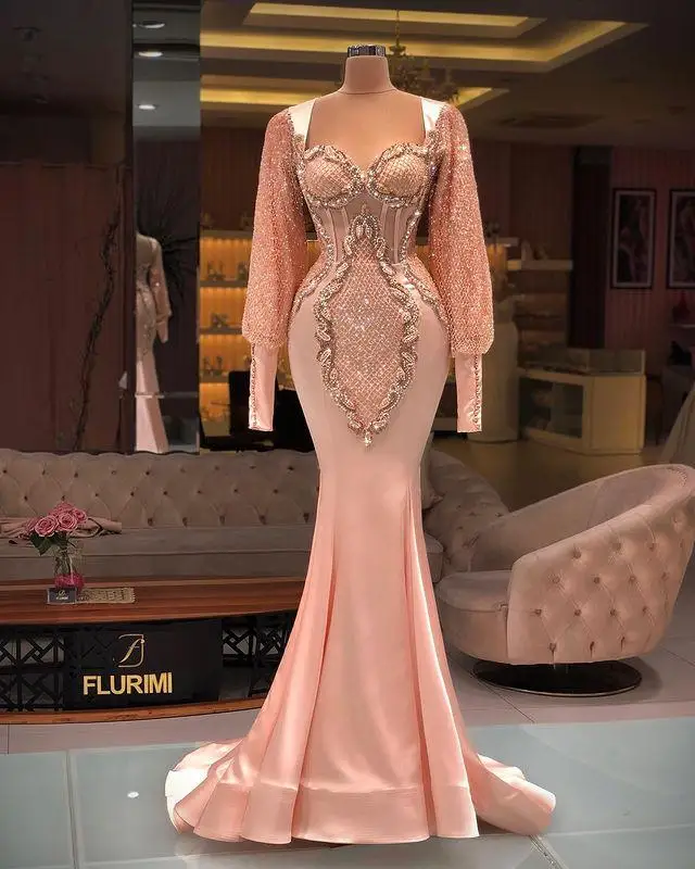 

2021 Plus Size Arabic Mermaid Sexy Evening Dresses Lace Beaded Long Sleeves Prom Formal Party Second Reception Gowns